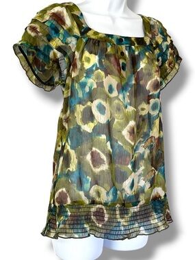 BCX Sheer Floral Blouse Boho Peasant Top Ruffle Sleeve Smocked Hem Green Blue